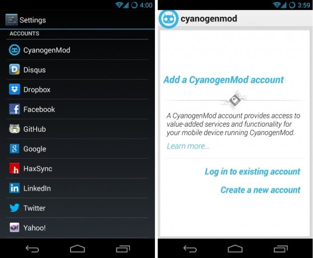 android cyanogenmod account compte sync
