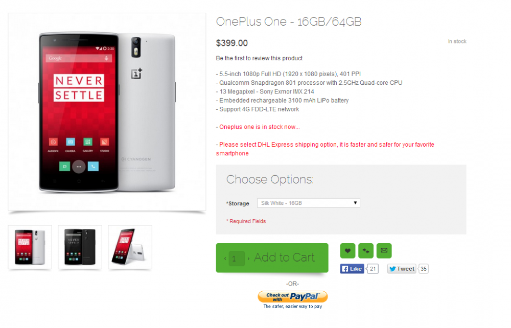 Buy Oneplus One   5.5 inch Screen Qualcomm 801 CPU 3GB RAM CyanogenMod Android Phone