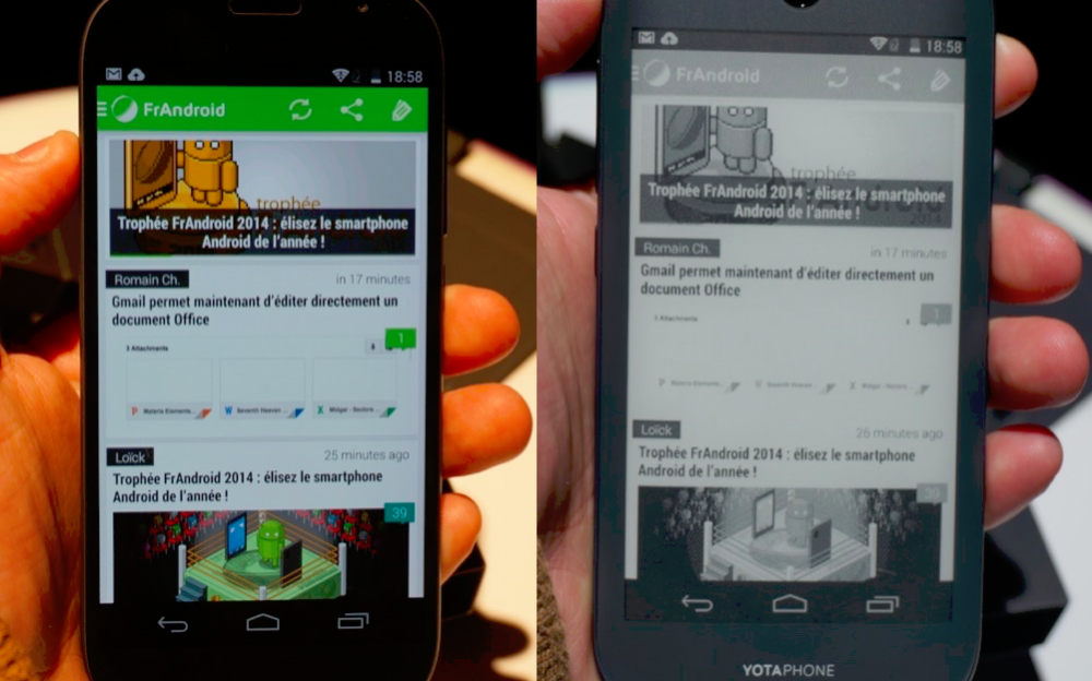 L'écran principal à gauche (FullHD) et l'écran e-ink à droite (qHD)