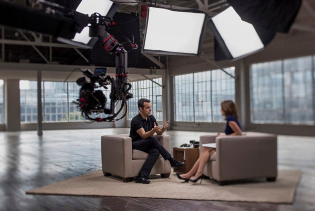 Hugo Barra, vice president of global operations at Xiaomi Corp., left, speaks in this photo taken with a tilt-shift lens during a Bloomberg Studio 1.0 interview in San Francisco, California, U.S., on Thursday, May 28, 2015.</span> <span class=