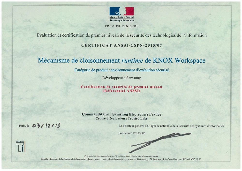 certificat ansii samsung knox
