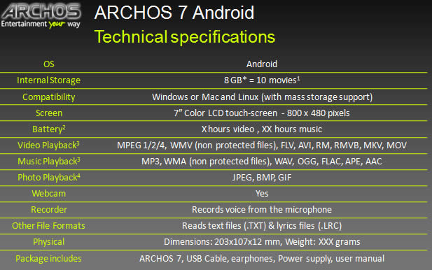 Archos : Plus d&rsquo;informations sur la tablette Archos 7 sous Android