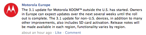 La mise à jour de la Motorola Xoom en 3.1 vient de commencer en Europe, avec le support de la carte SD