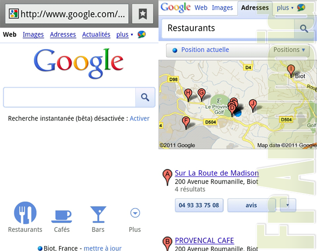 La page d&rsquo;accueil de Google Mobile affiche des raccourcis vers des lieux : restaurants, cafés&#8230;