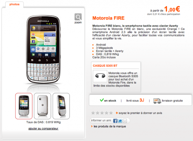 Le Motorola Fire est maintenant disponible chez Orange