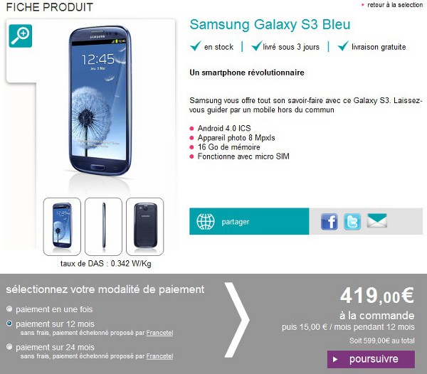 Le Samsung Galaxy S3 Bleu est disponible chez Sosh !