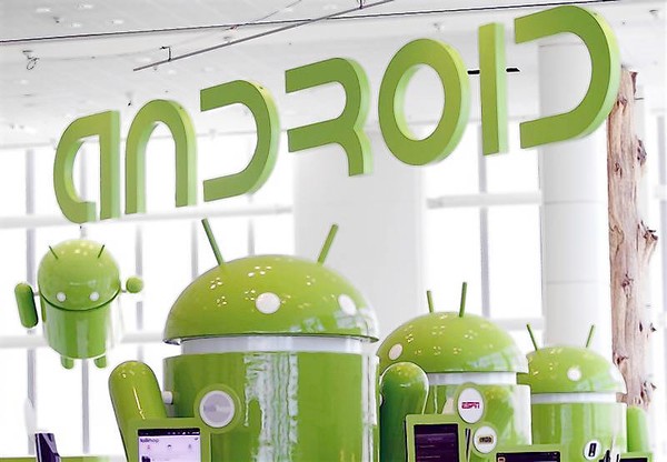 Android mascots are lined up in the demonstration area at the Google I/O Developers Conference in the Moscone Center in San Francisco
