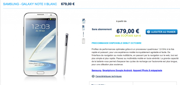 Le Samsung Galaxy Note 2 en pré-commande à 679 euros