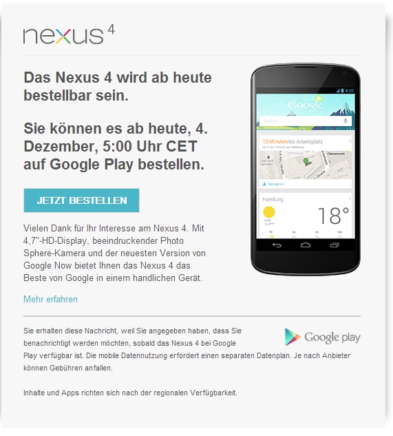Le Nexus 4 disponible à 17h sur le Play Store en Allemagne