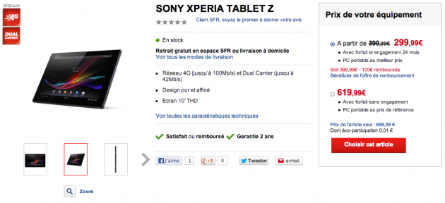 android lte 4g sony xperia tablet z sfr fr france french 299 euros