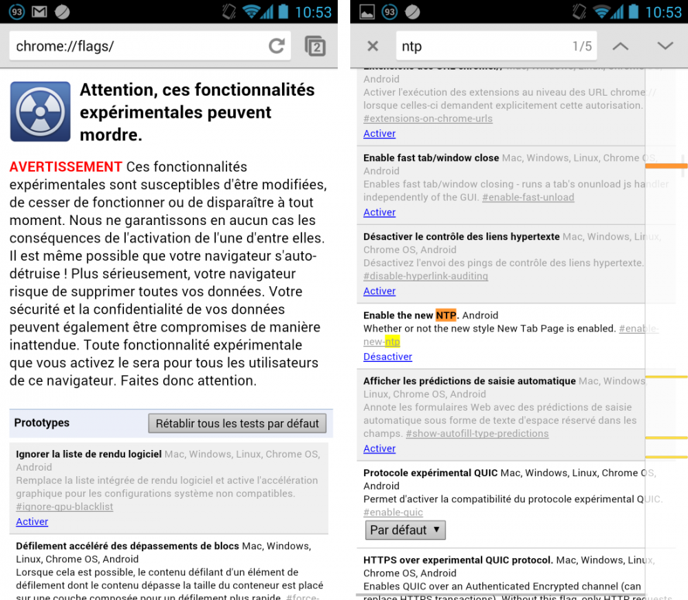 android google chrome beta 30.0 NTP New Tabe Page Nouvelle page de recherche Google settings paramètres