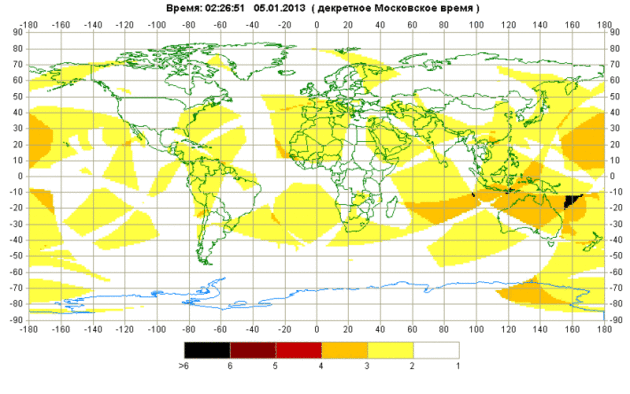 Carte représentant les valeurs du GDOP à la surface de la terre (angle de masquage : 5°) le 30 mars 2010