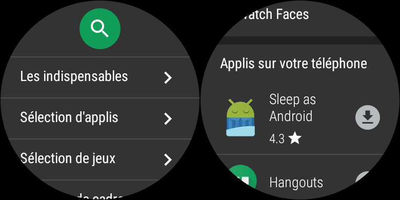 Le client Android Wear du Play Store. À droite la section des applications Android Wear 1.X.