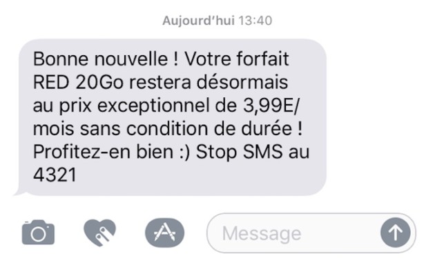 SMS reçu par un client RED SFR