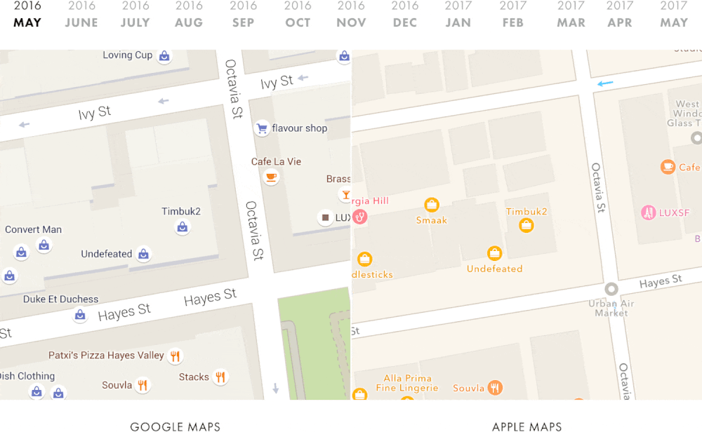 Différences entre Google Maps et Apple Plans au cours des derniers mois. Apple Plans modifie plus souvent ses cartes.