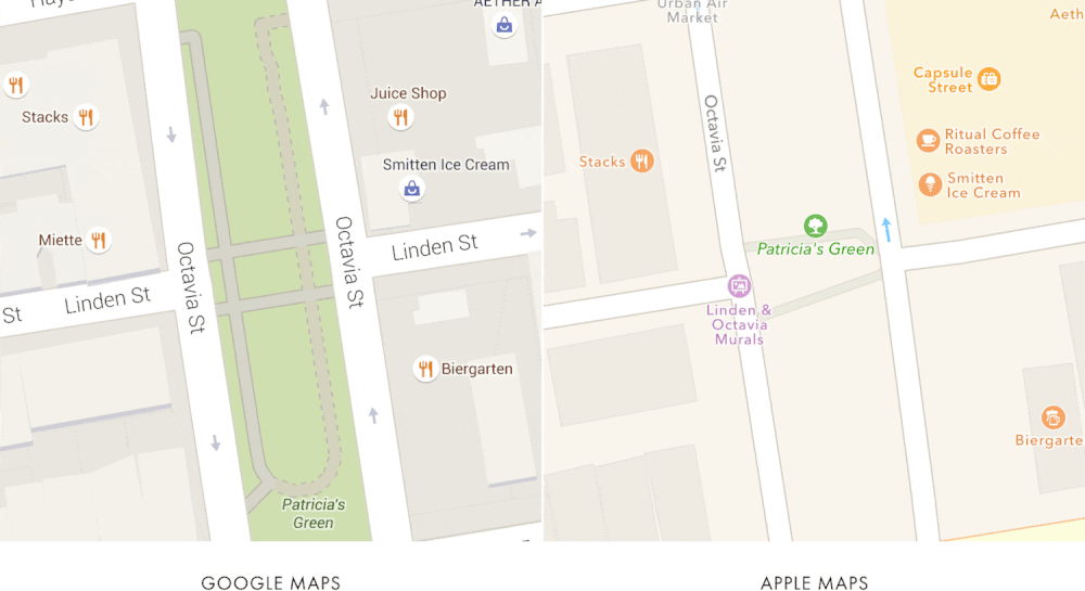 Exemple de comparaison entre Apple Plans et Google Maps