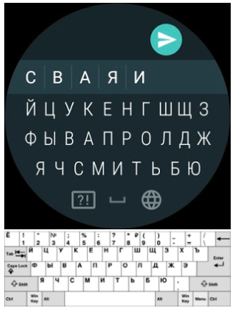 En haut : le clavier russe affiché par Android Wear 2.0. En bas : le vrai alphabet de la langue.