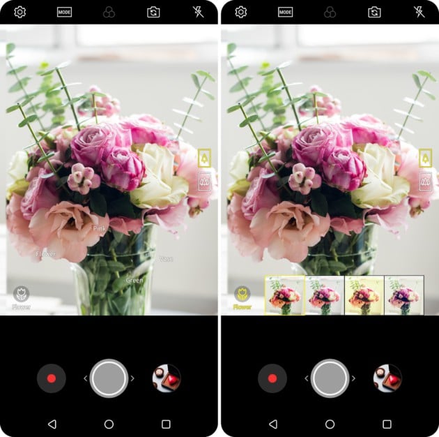 LG Vision reconnait des fleurs à gauche, et recommande le mode photo « fleurs » à droite.