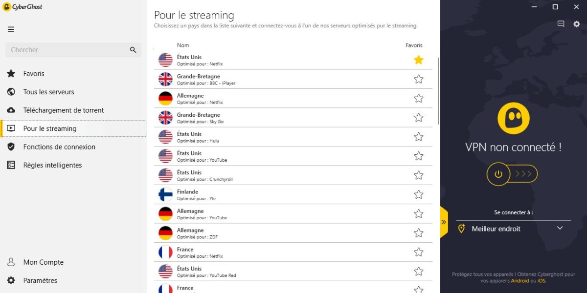 Cyberghost serveurs pour le streaming