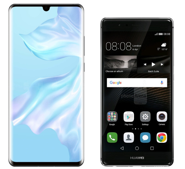 Le Huawei P30 Pro et le Huawei P9, à l’échelle (source : Phone Arena)
