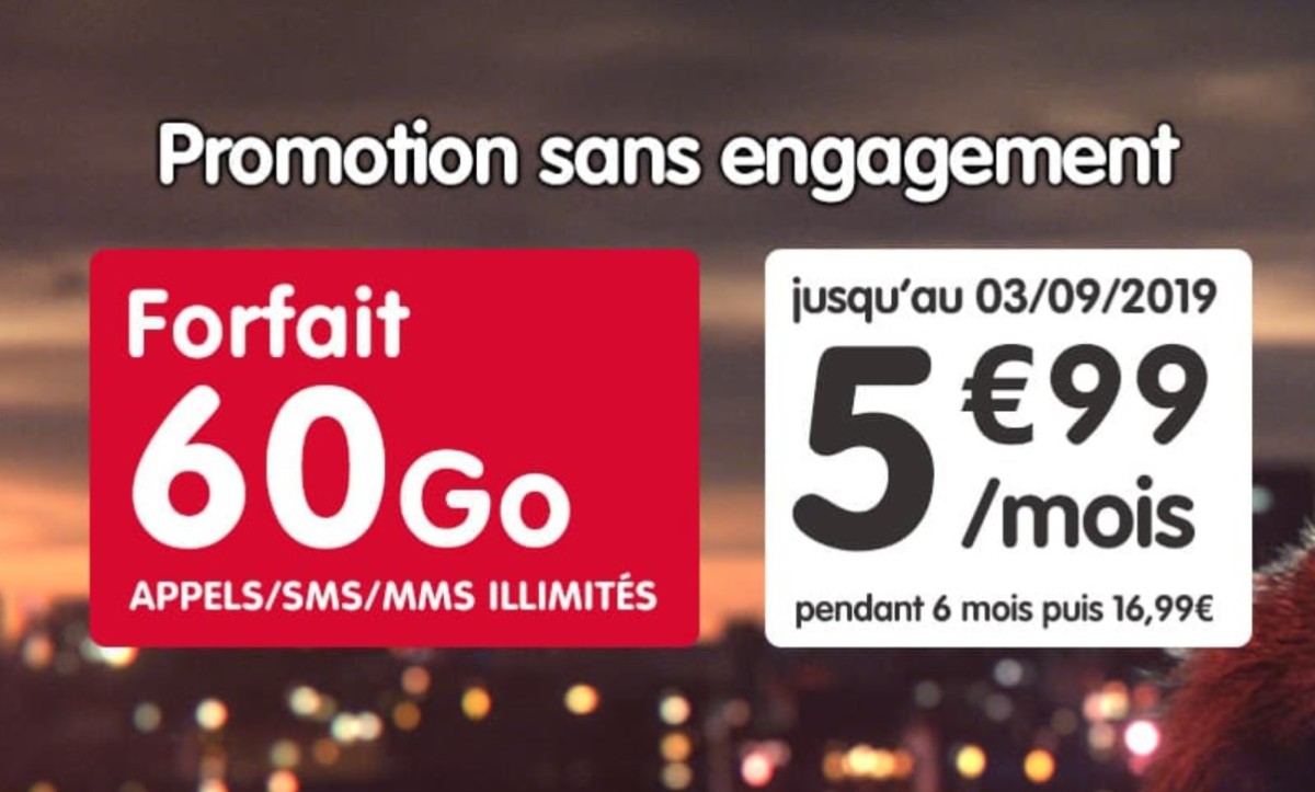 Forfait mobile  60 Go pour 5,99 euros par mois pendant 6 mois, sans