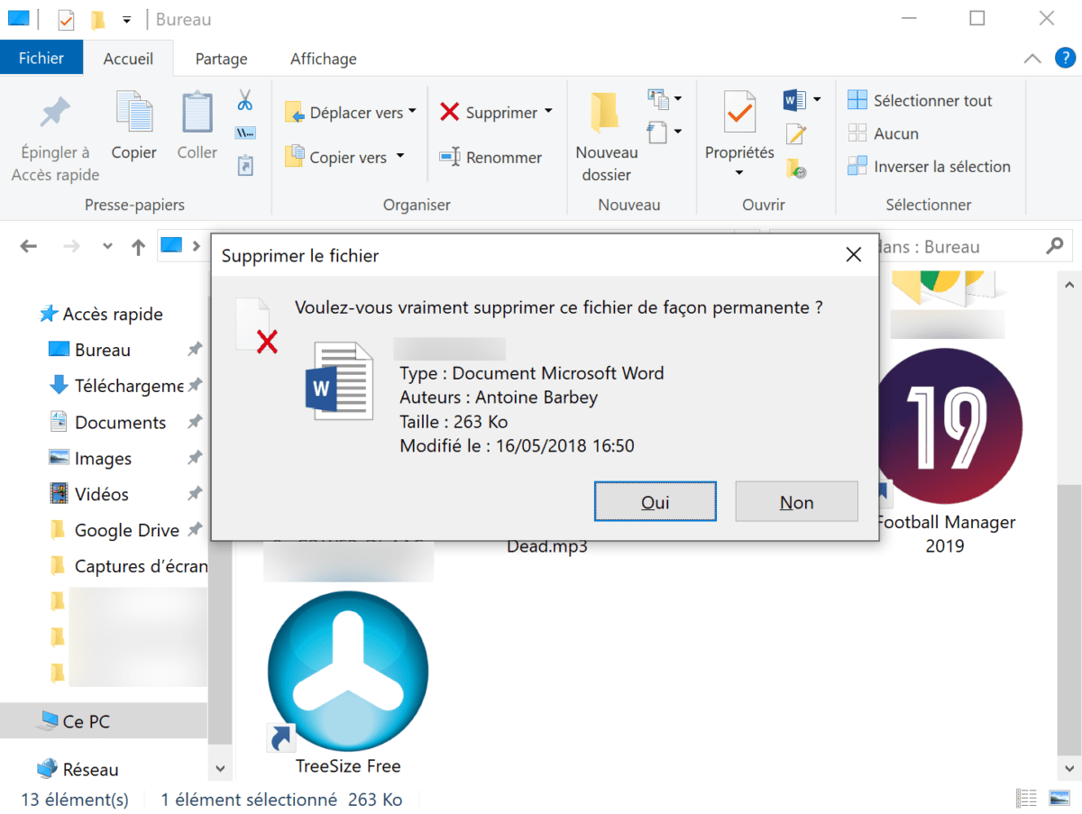 Pour éviter toute suppression par inadvertance, Windows vous demandera tout de même de confirmer si vous voulez effacer définitivement le fichier