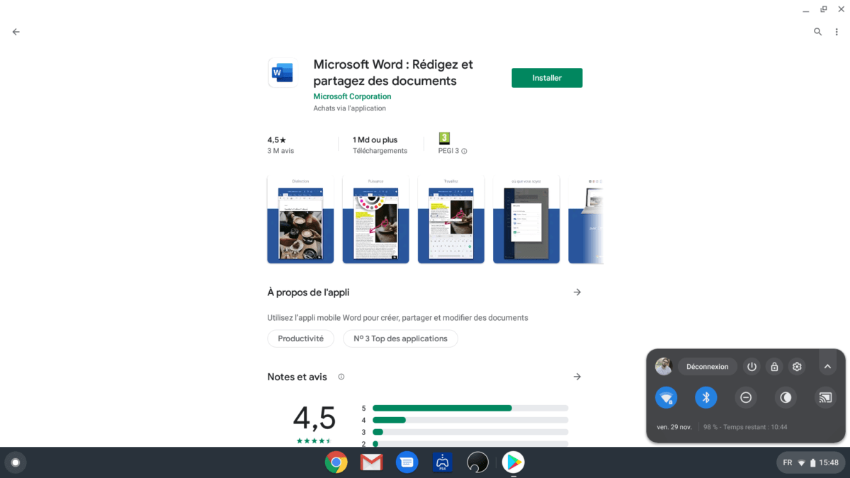 Le Play Store et Microsoft Word sur Chromebook