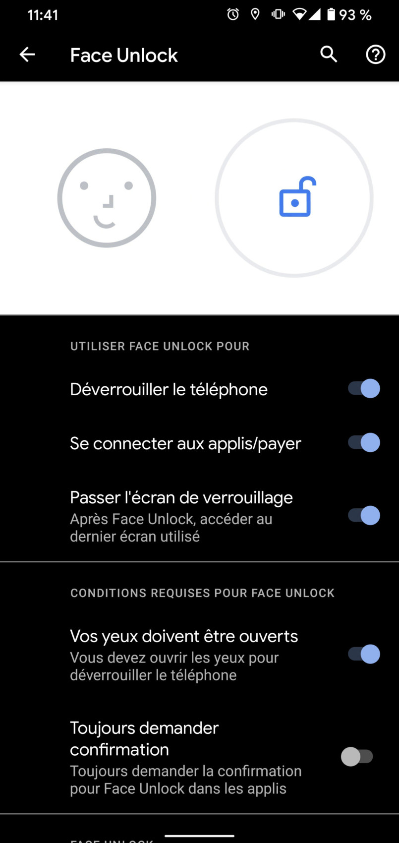 Paramètres de Face Unlock sur Android 11 DP2