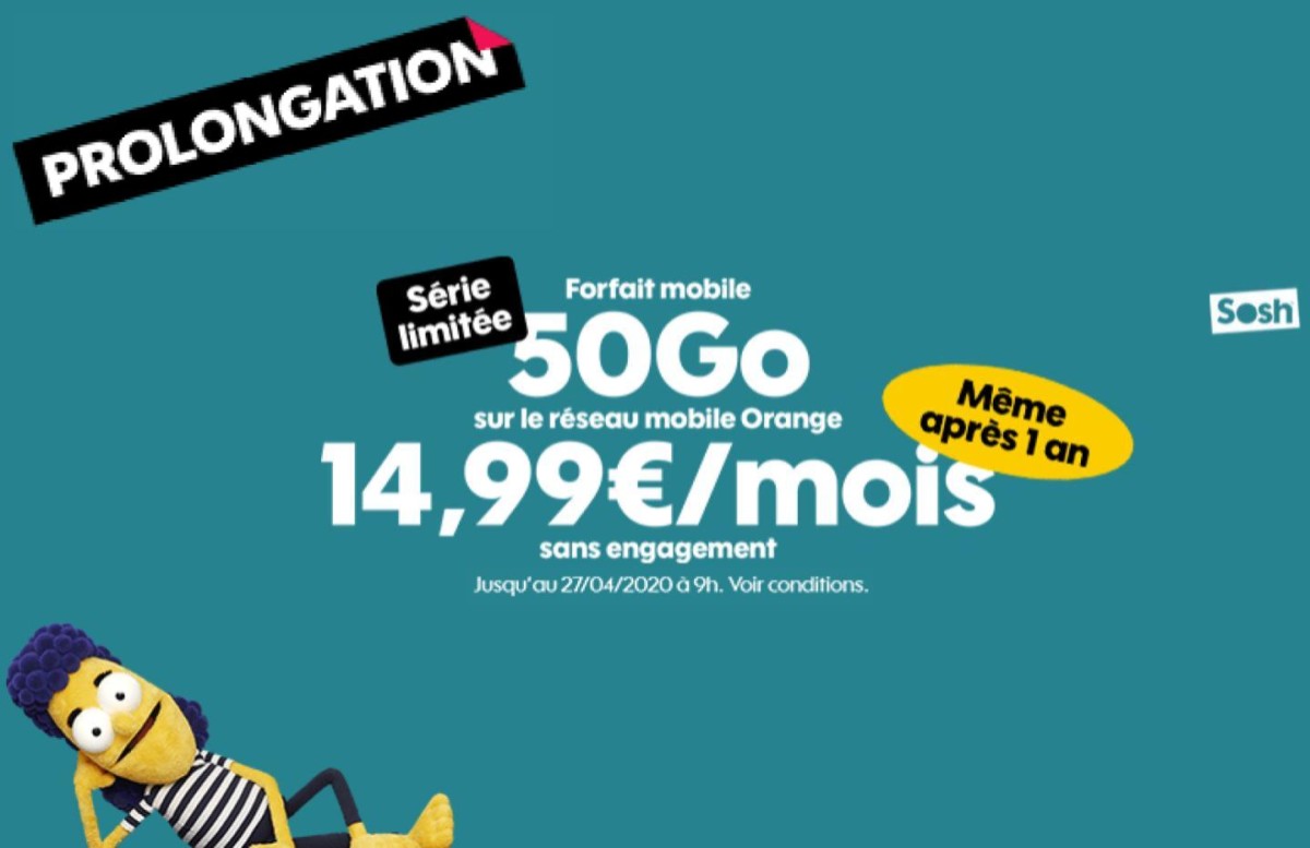 Sosh joue les prolongations avec son forfait mobile 50 Go à 14,99 euros par mois