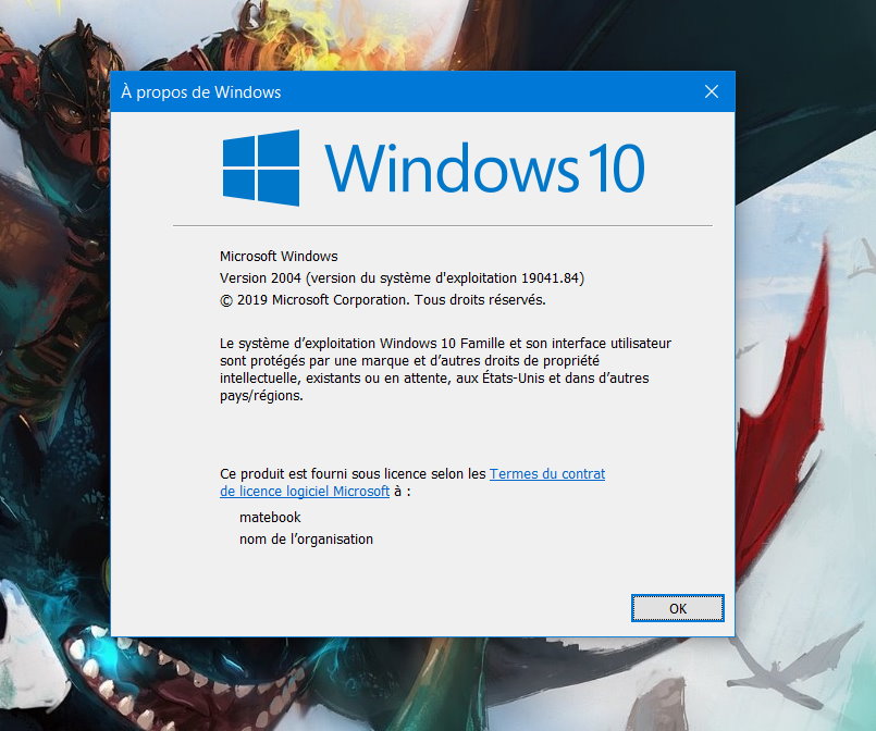 Le numéro de version de Windows 10 est 2004