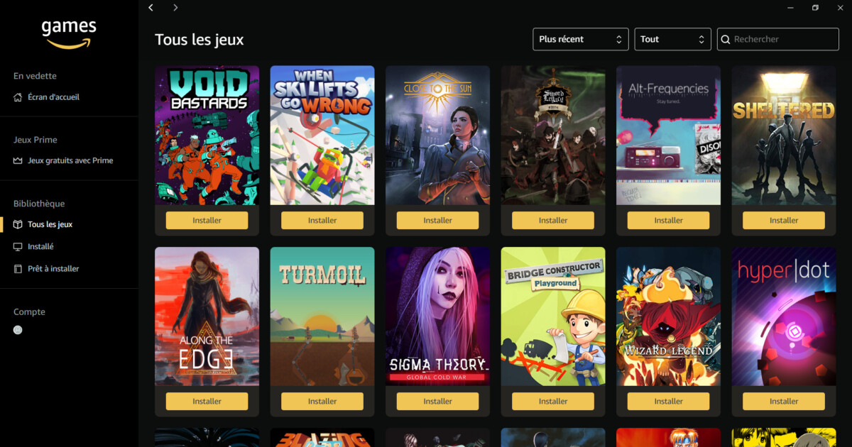 L’interface d’Amazon Games pour récupérer les jeux PC offerts aux abonnés Prime