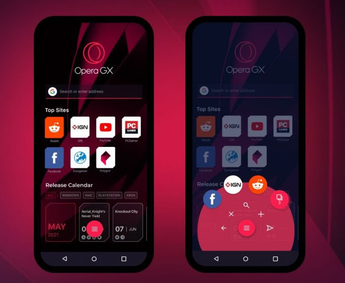 Deux choix de menu de navigation dans Opera GX Mobile