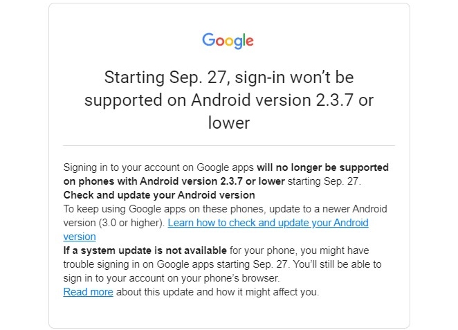 Google bloqueará las conexiones de Android más antiguos a partir de septiembre