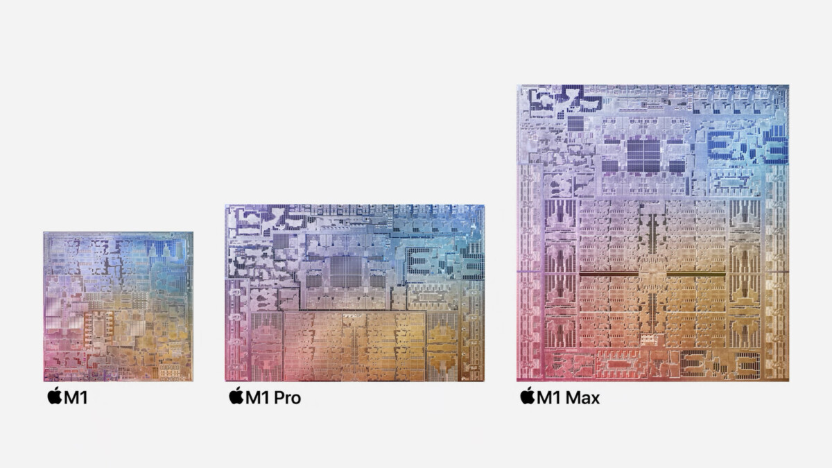 La comparaison de taille entre les puces Apple M1, M1 Pro et M1 Max