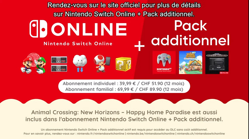 Le prix de l'abonnement Nintendo Switch Online + Pack additionnel avec le DLC Animal Crossing