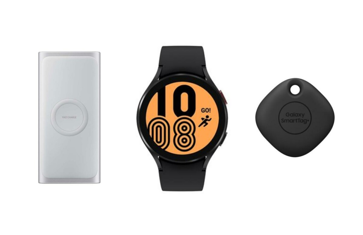 The external battery on the left, the Galaxy Watch 4 in the center and the SmartTag + on the right.