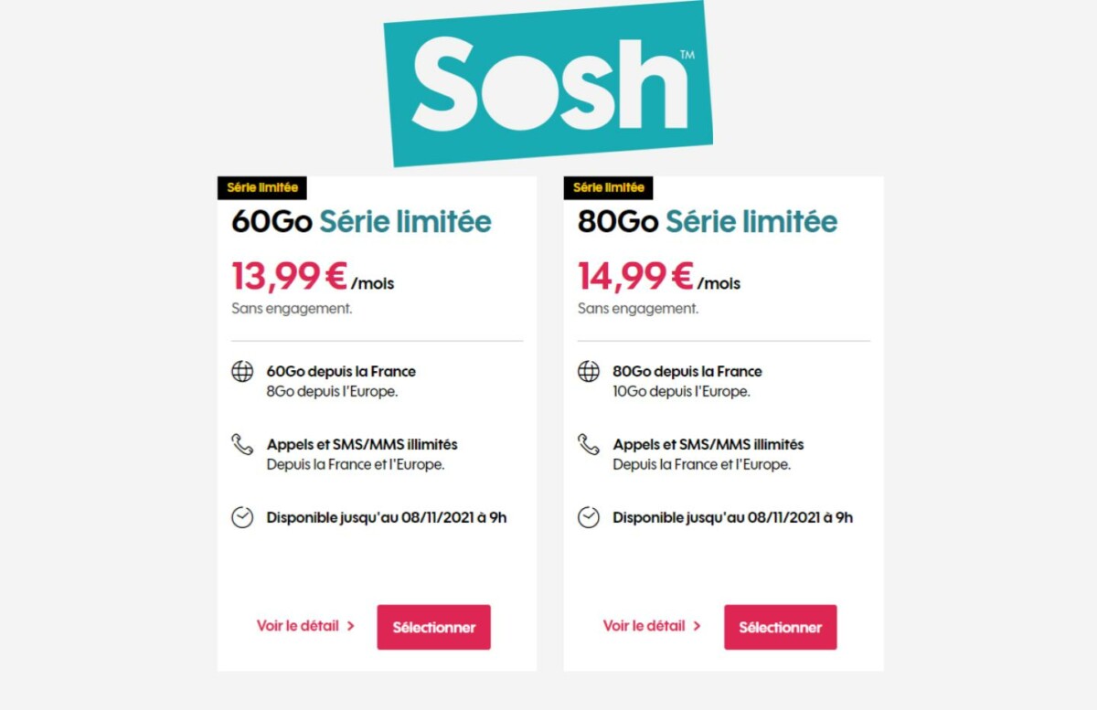 Les forfaits mobile Sosh, c&rsquo;est 60 ou 80 Go pour seulement 1 € de différence
