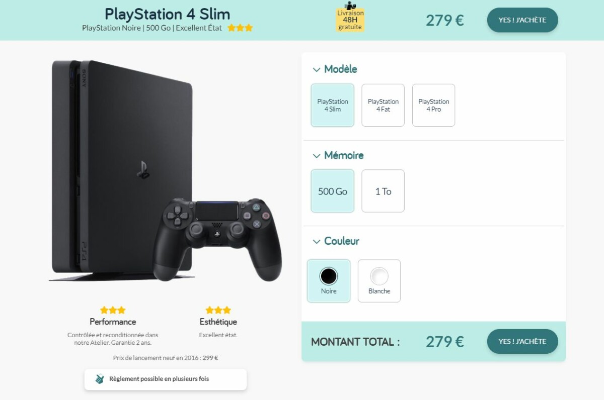 The purchase of a PlayStation 4 on the YesYes website.