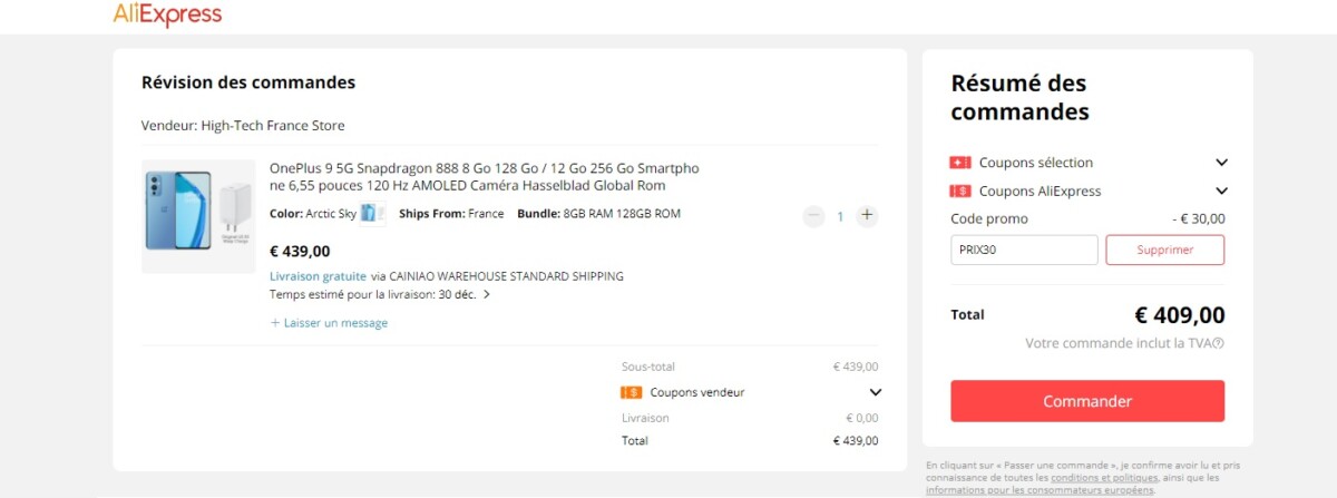 Le prix du OnePlus 9 passe à 409 € avec le code promo