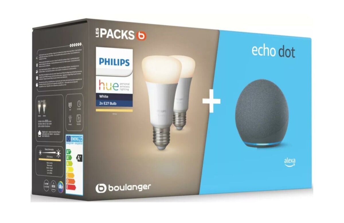 Enceinte Amazon Echo Dot 4 + deux lampes connectées Philips Hue