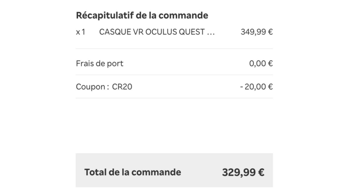 La réduction de 20 euros appliquée sur l’Oculus Quest 2 après avoir appliqué le code promo au moment du paiement sur Rakuten.