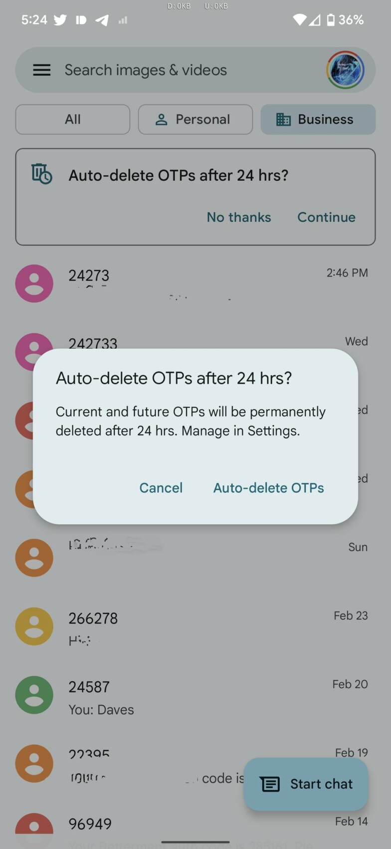 Automatic deletion of authentication SMS in Google Messages // Source: Android Police