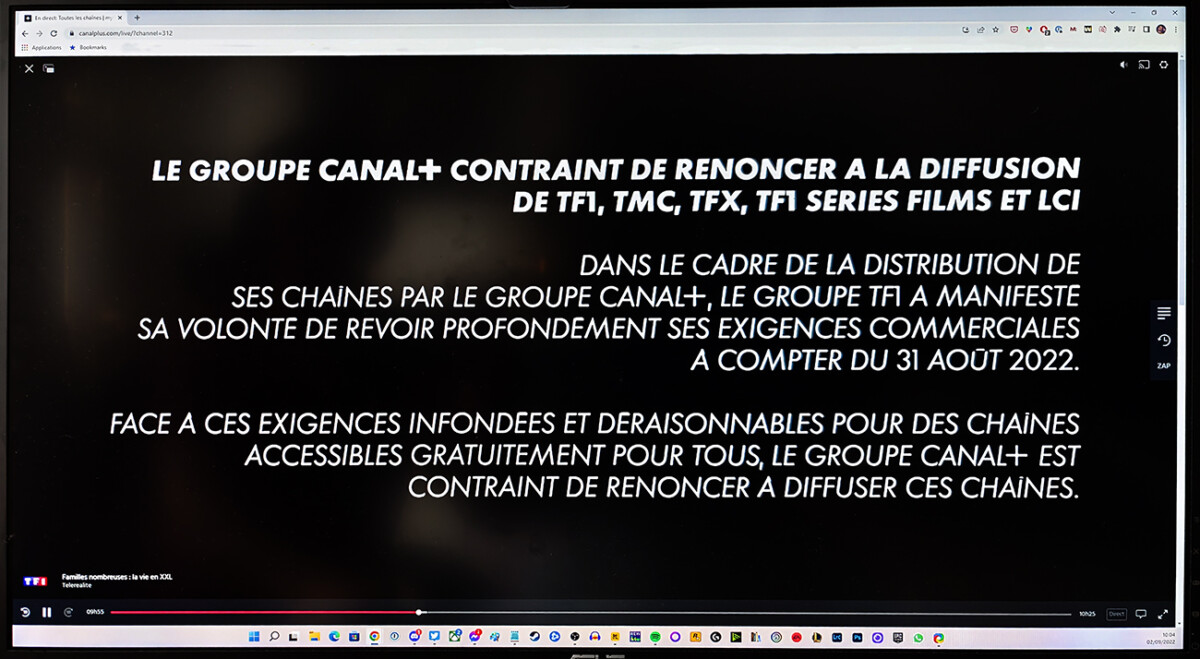 The message displayed on the TF1 channel from the Canal Plus site