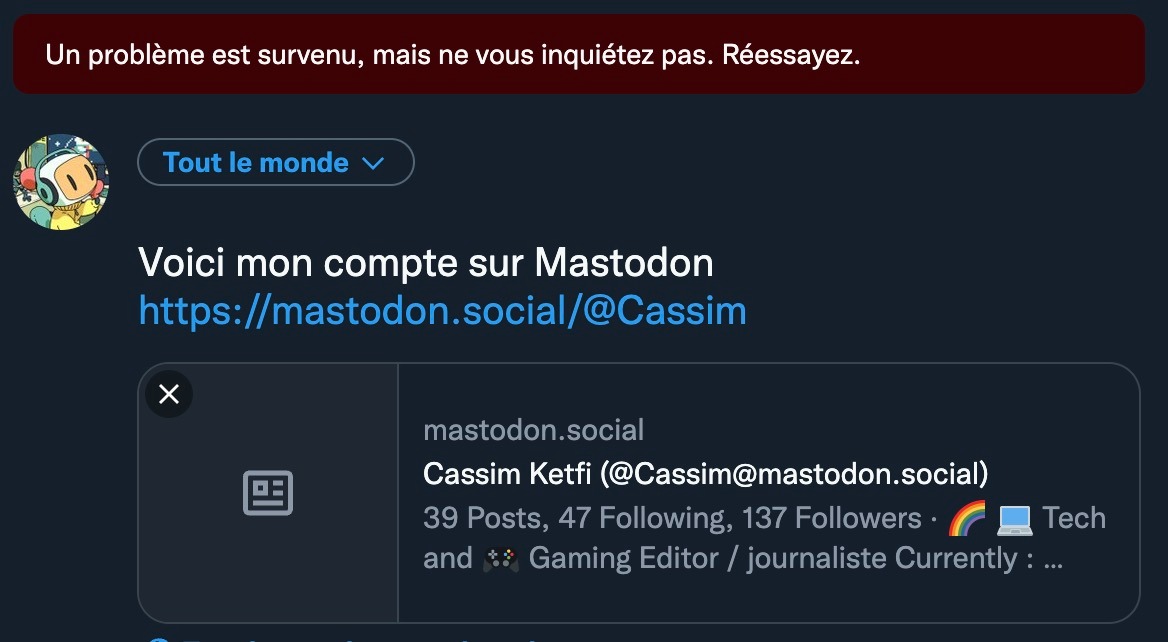 Message "Something went wrong, but don't worry" when posting a Mastodon link on Twitter