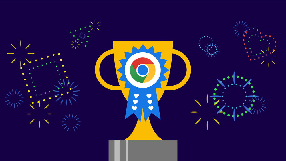 Logo Google Chrome sur un trophée entouré de feux d'artifice