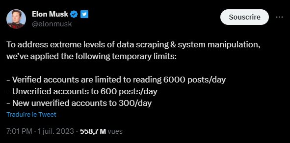 "To address extreme levels of data scraping & system manipulation, we’ve applied the following temporary limits:- Verified accounts are limited to reading 6000 posts/day - Unverified accounts to 600 posts/day - New unverified accounts to 300/day"