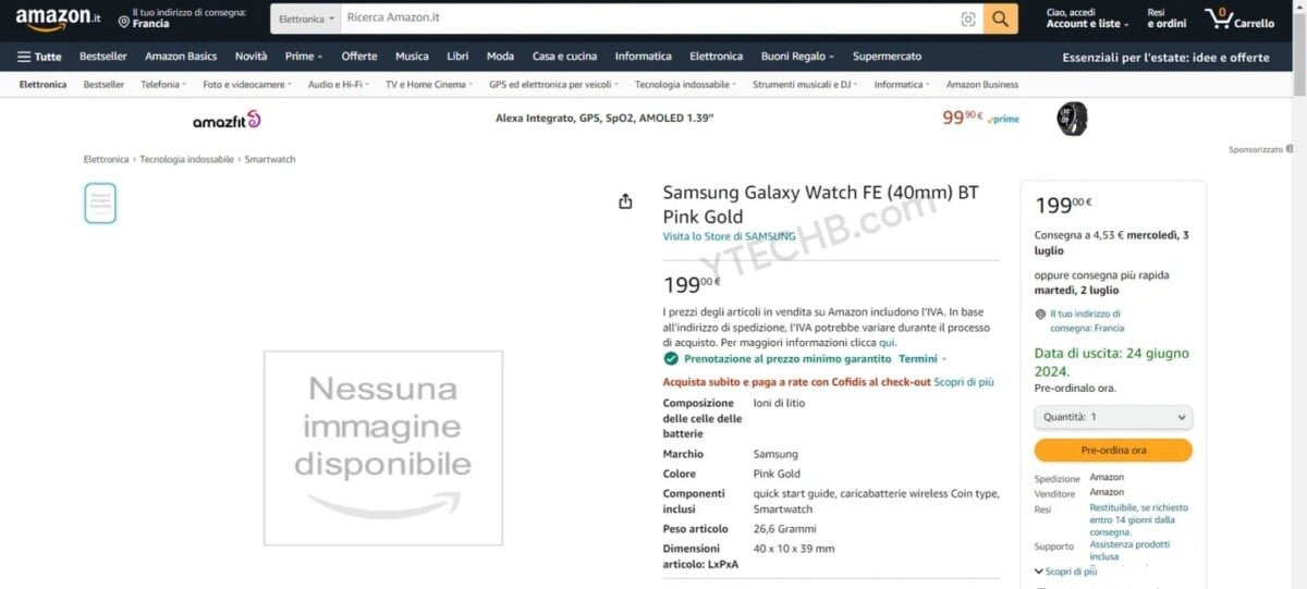 La page Amazon de la Samsung Galaxy Watch FE