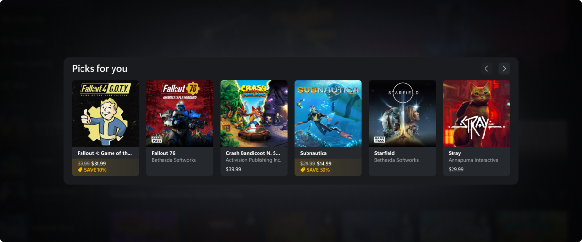 Illustration d'une des nouvelles sections du nouvel écran d'accueil de l'app Xbox sur PC