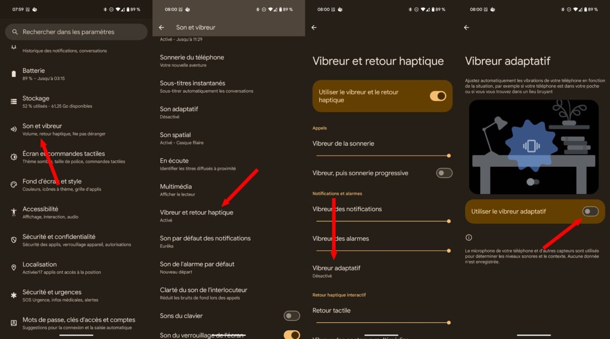 Capture d'écran montrant la procédure pour activer la fonctionnalité vibreur adaptatif // Source : Corentin Béchade pour Frandroid