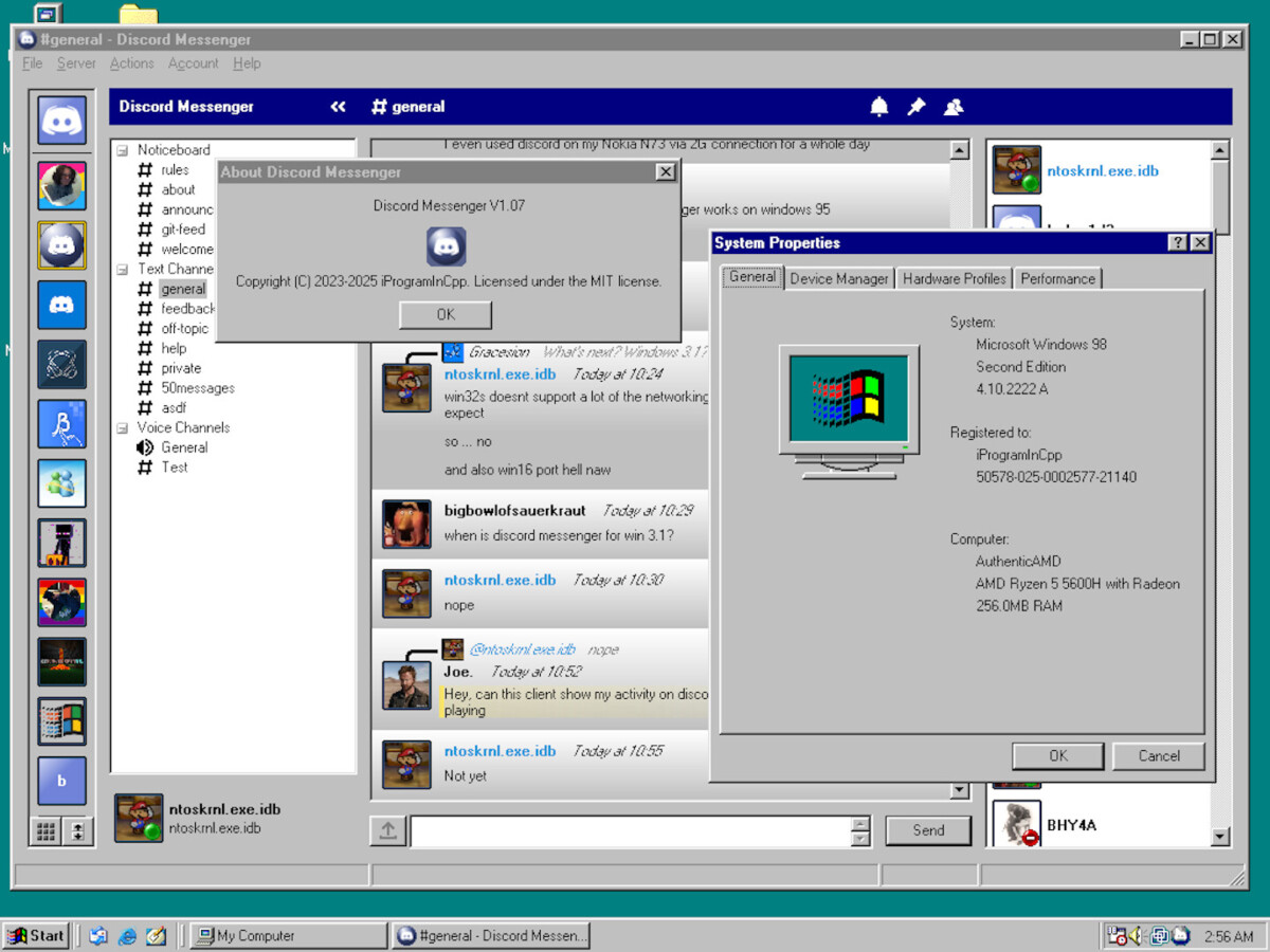 Capture d'écran de Discord Messenger sur Windows 98